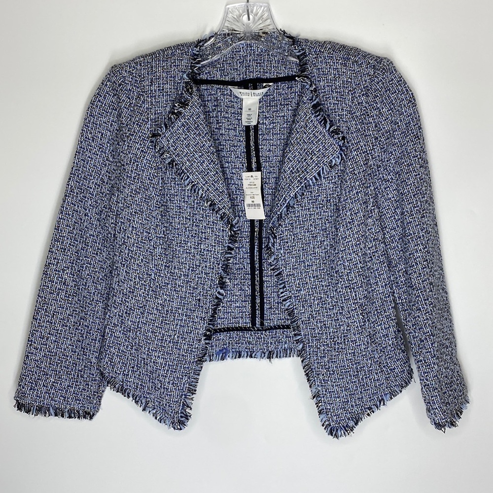 White House Black Market Blue White Tweed Blazer Jacket Size 00 NWT